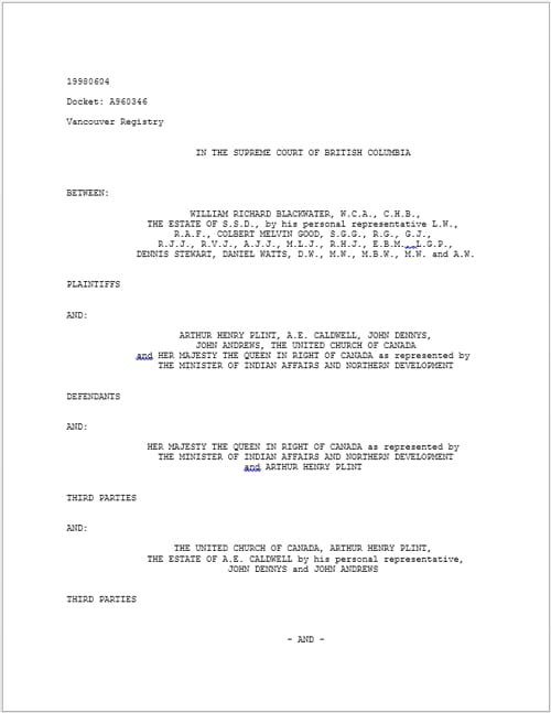 Page from Vancouver Registry about the Supreme Court Hearing of Survivors versus The Queen and United Church of Canada.