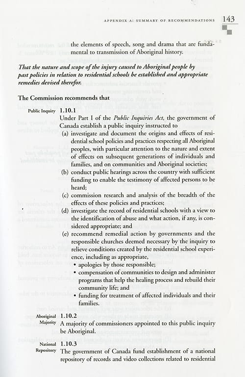 Page from the Truth and Reconciliation Commission’s Summary of Recommendations about a Public Inquiry.