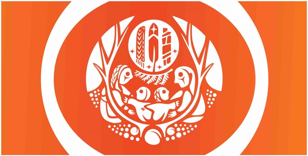 An orange flag with white overlay featuring an image of a family within a circle.