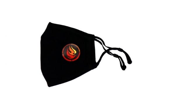 Product image of black cloth face-mask with NCTR logo. Masks folded in half with logo side facing upwards showing the ear loops and adjustment toggle.