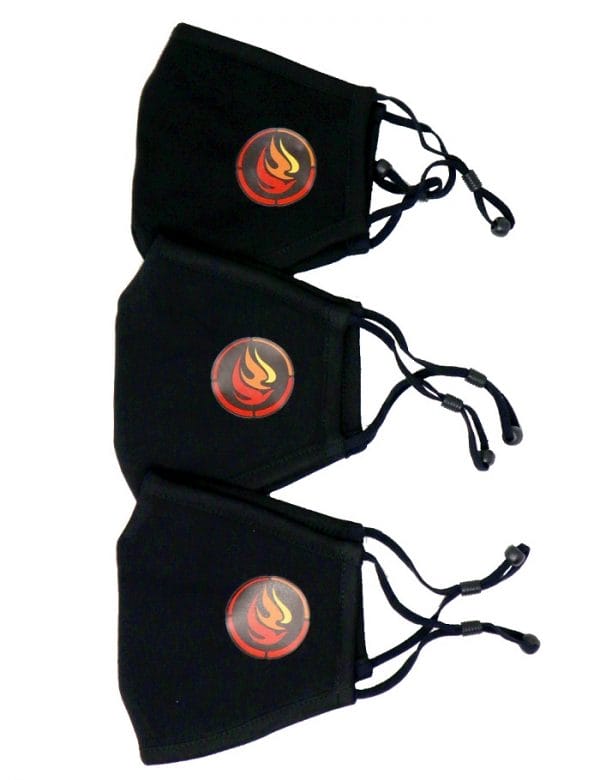 Product image of black cloth face-mask with NCTR logo. 3 masks folded in half with logo side facing upwards showing the ear loops and adjustment toggle.