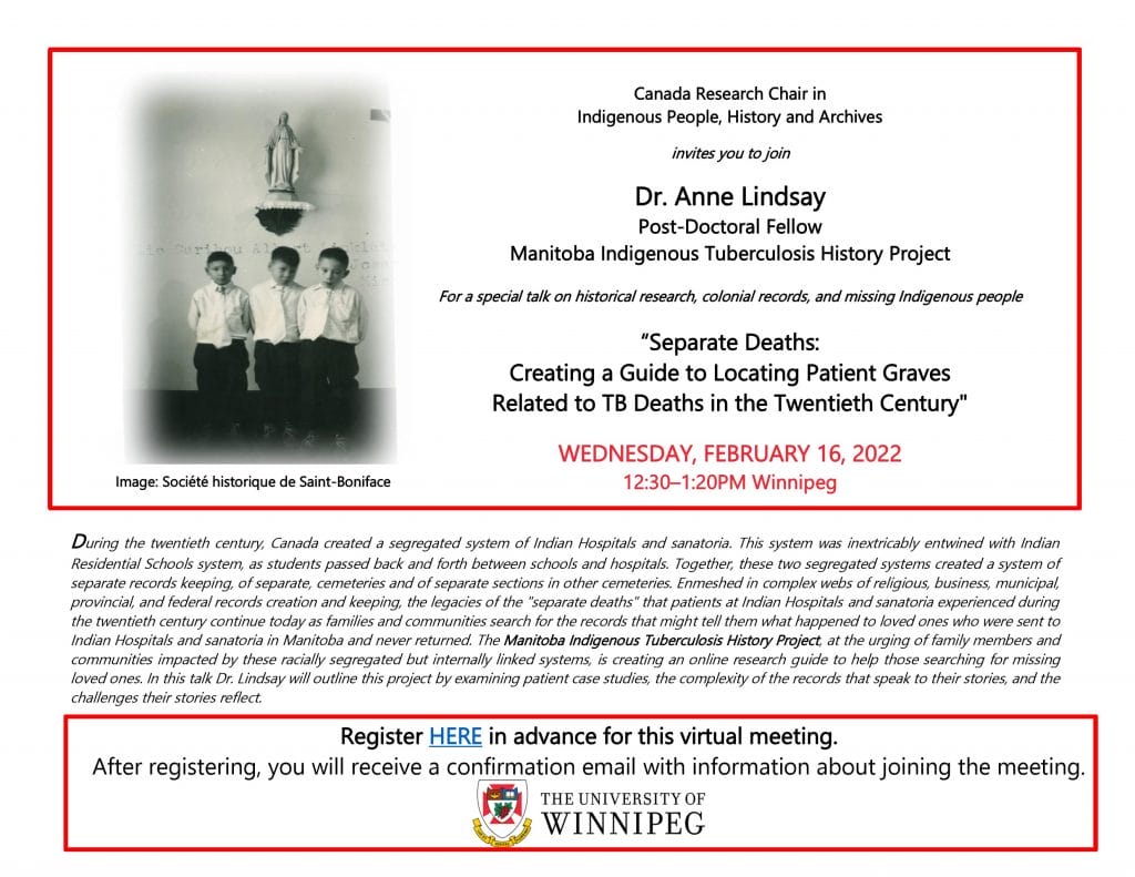 Poster describing the event "Separate Deaths: Creating a Guide to Locating Patient Graves Related to TB Deaths in the Twentieth Century"