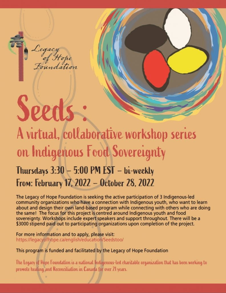 Poster describing workshop series, Seeds: A virtual, collaborative workshop series on Indigenous Food Sovereignty
Thursdays 3:30-5:00 PM EST – bi-weekly  From February 17, 2022-October 28, 2022