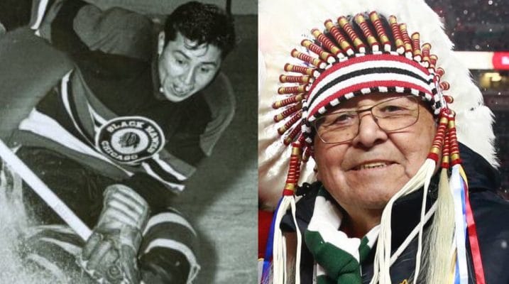 Side by side photos Fred Sasakamoose as a Chicago Blackhawk player and a Cree Nation Chief. 