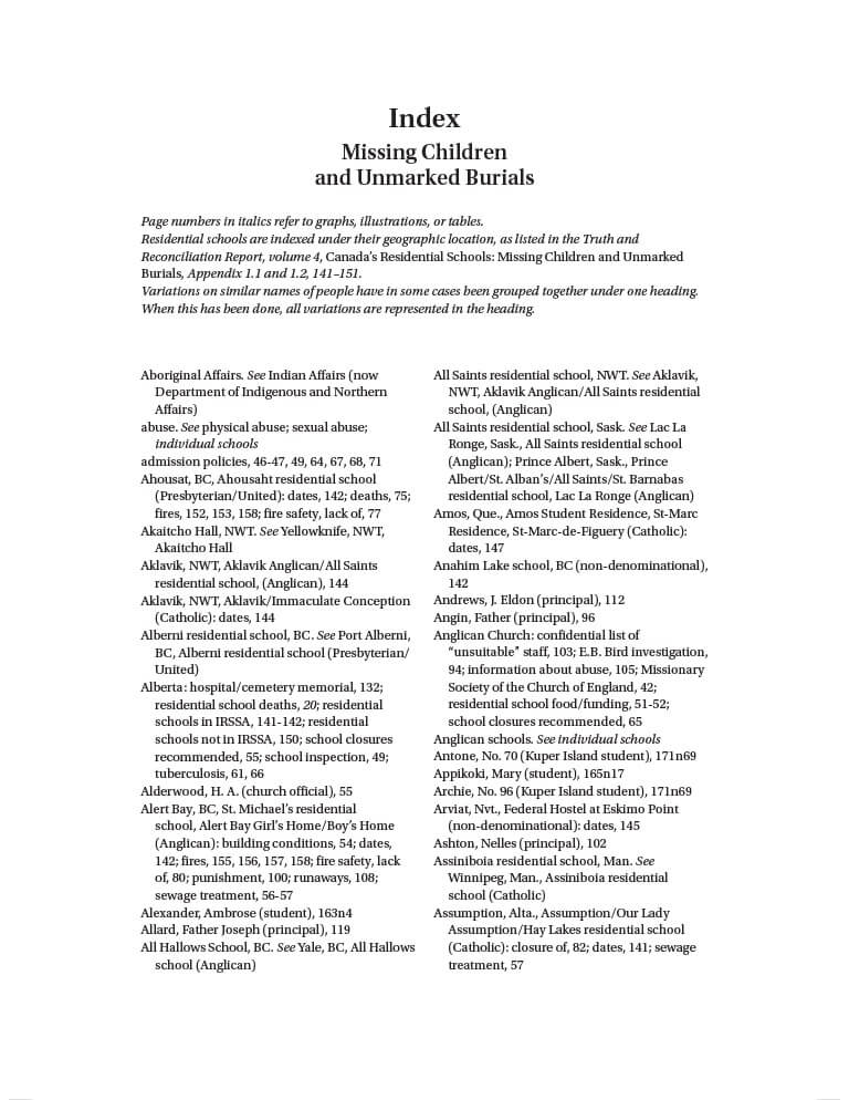 Cover for document "Index for Canada’s Residential Schools: Missing Children and Unmarked Burials"